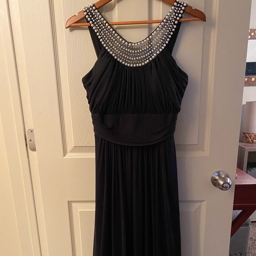 Black formal dress with faux pearl accent collar